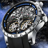 Mark Fairwhale TWINIX Deep Current – Dark blue dial dual tourbillon skeleton automatic watch for men with luminous display and rubber strap