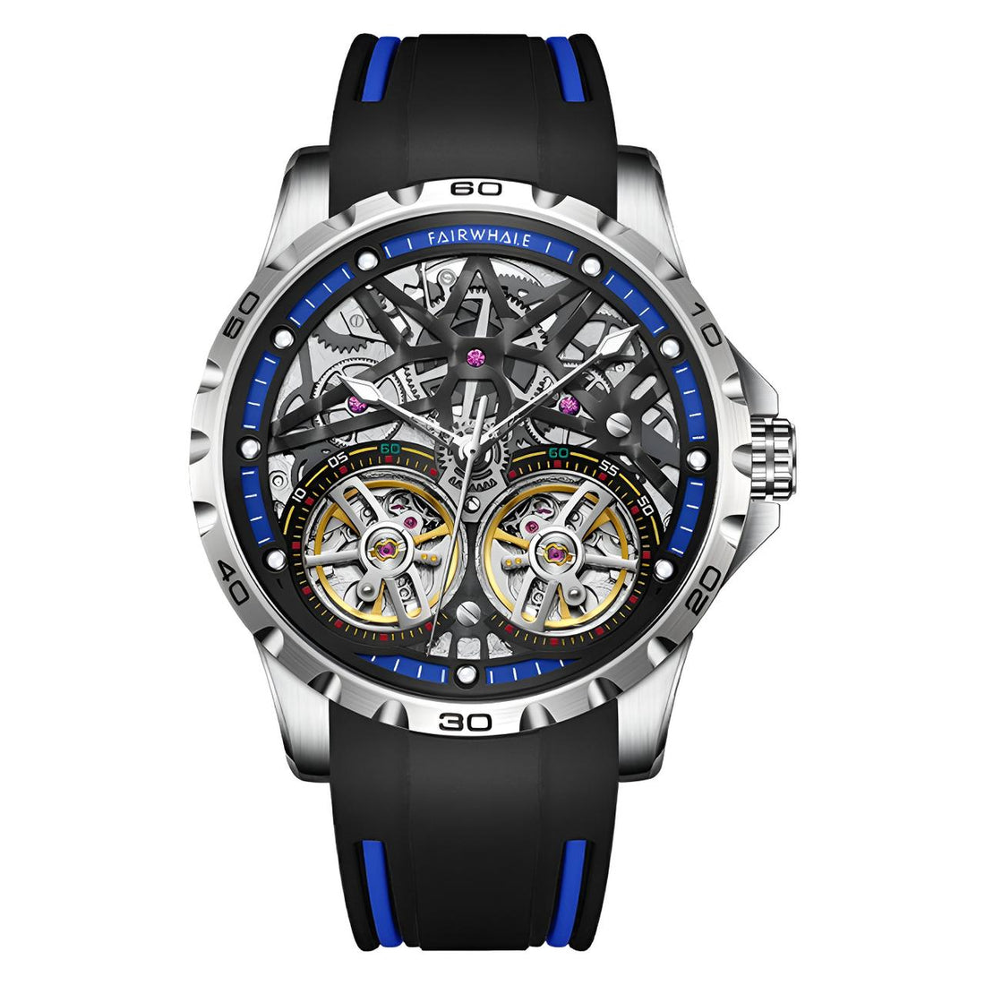 Mark Fairwhale TWINIX Deep Current – Dark blue dial dual tourbillon skeleton automatic watch for men with luminous display and rubber strap