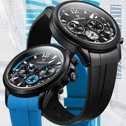 Mark Fairwhale URBEX 5530 men’s watches in black and blue silicone strap versions, waterproof chronograph quartz design