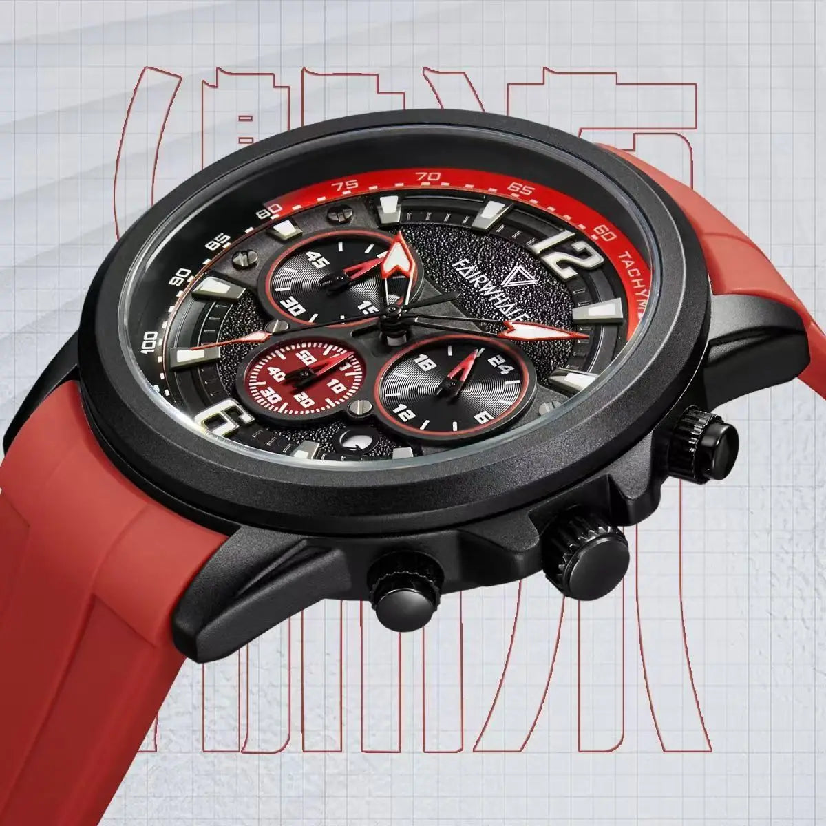Mark Fairwhale URBEX men’s chronograph quartz watch with tachymeter bezel and red silicone strap sports design