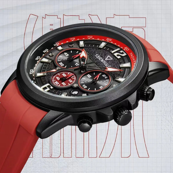 Mark Fairwhale URBEX men’s chronograph quartz watch with tachymeter bezel and red silicone strap sports design