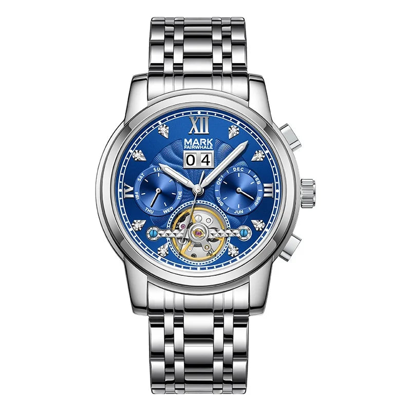 Mark Fairwhale 6980 VALTOR men’s skeleton tourbillon automatic watch with blue dial and stainless steel bracelet