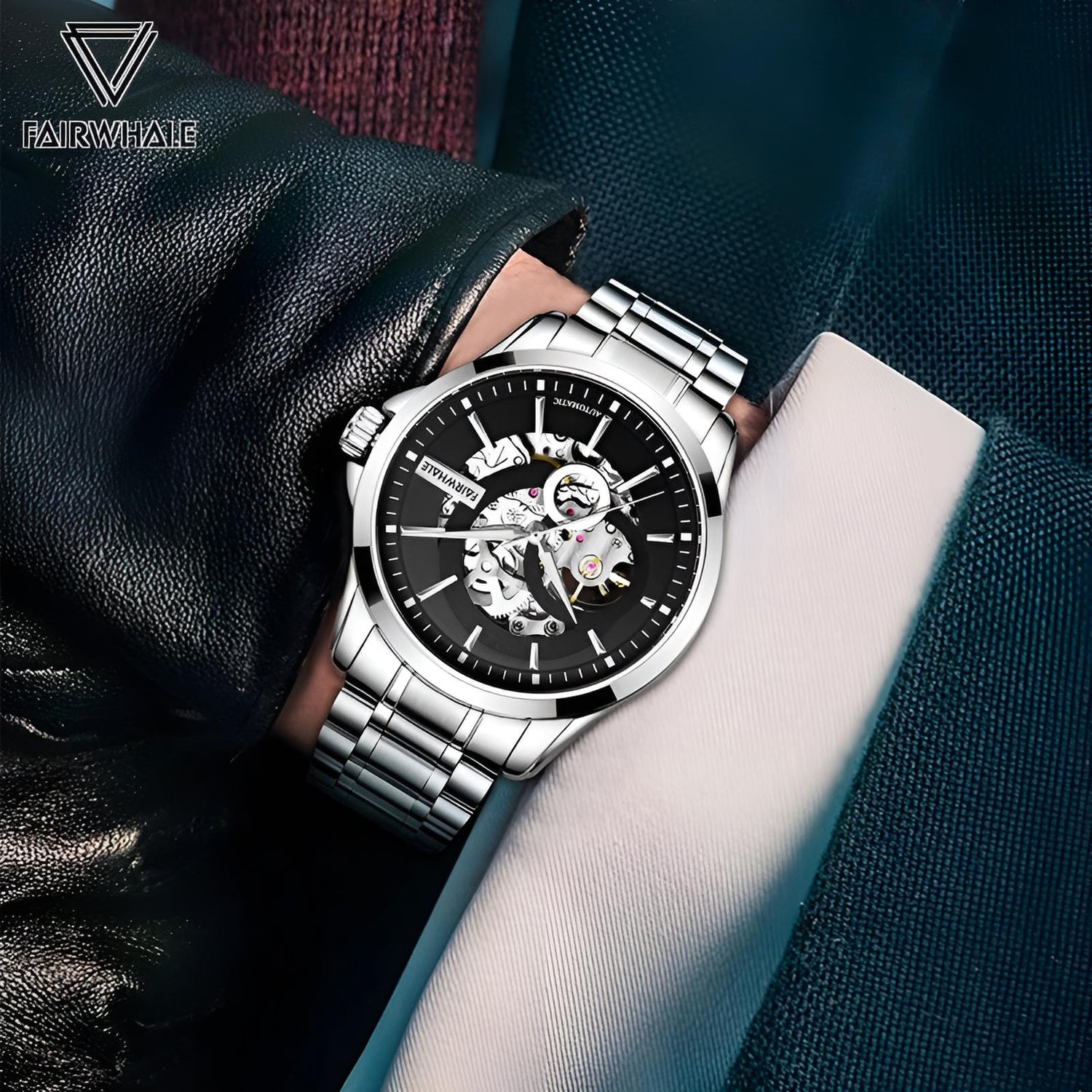 Mark Fairwhale VARTEXI Apex Steel – Silver-tone automatic skeleton tourbillon watch for men with luminous dial and stainless steel bracelet