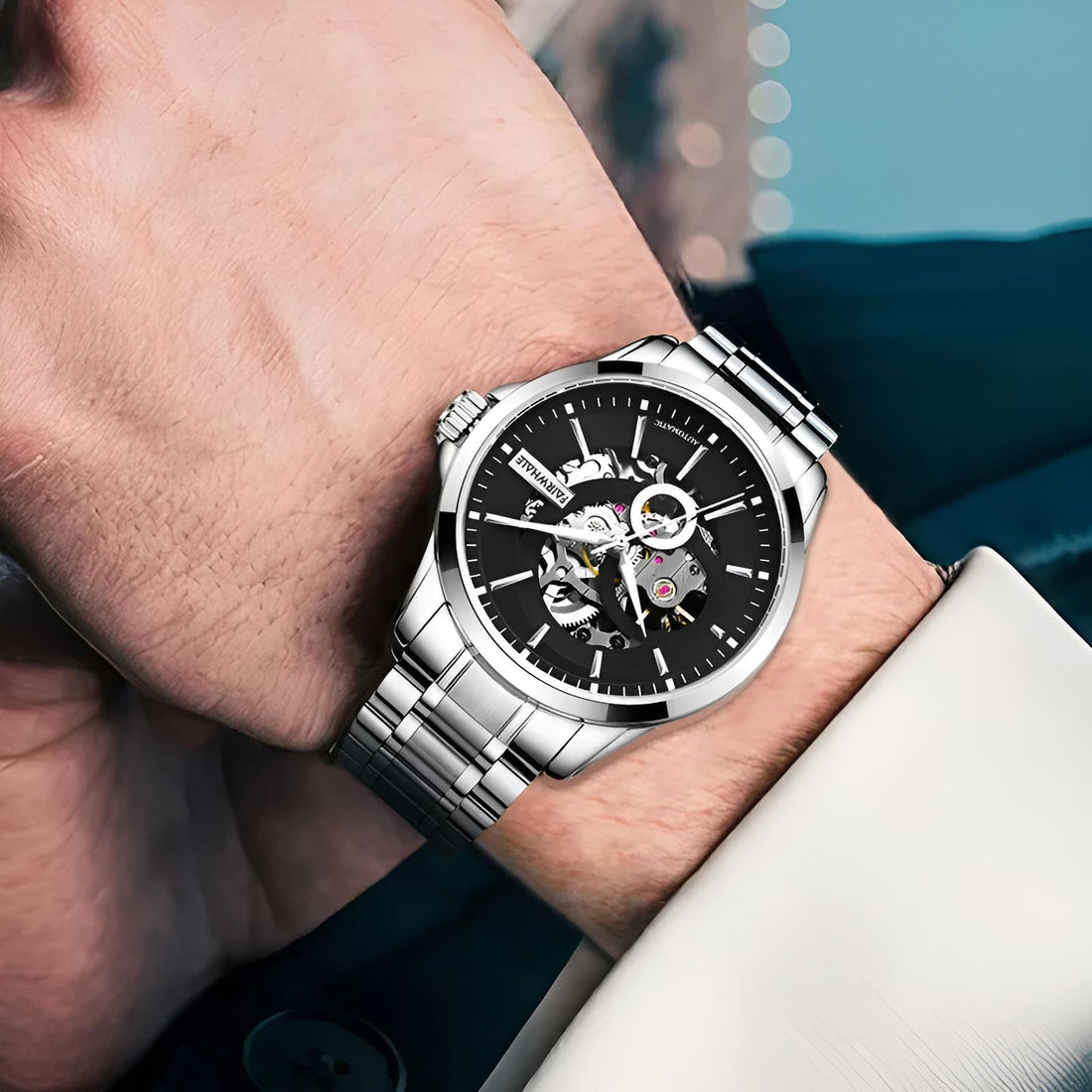 Mark Fairwhale VARTEXI Apex Steel – Silver-tone automatic skeleton tourbillon watch for men with luminous dial and stainless steel bracelet