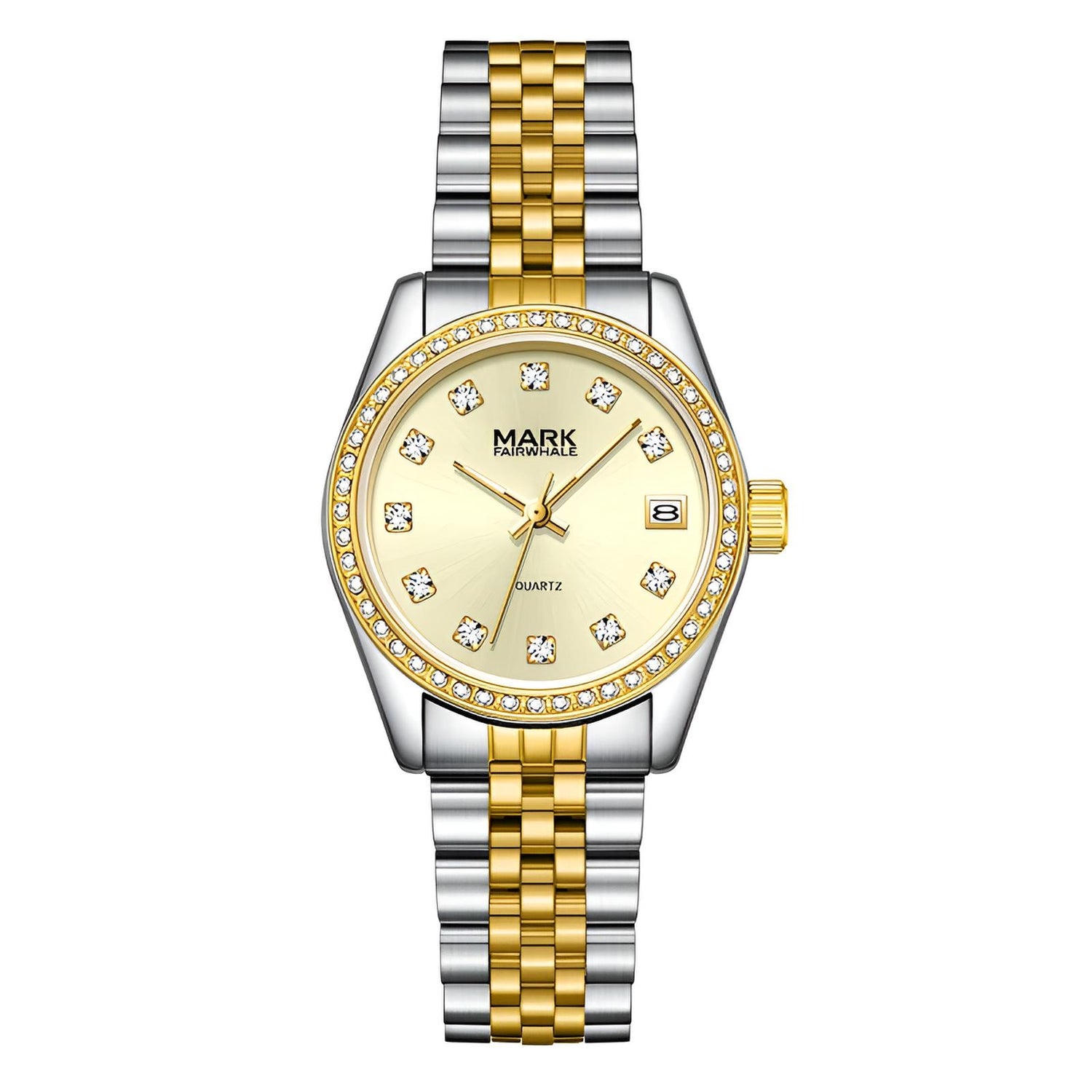 Mark Fairwhale VELIA gold dial women’s watch – luxury stainless steel bracelet close-up