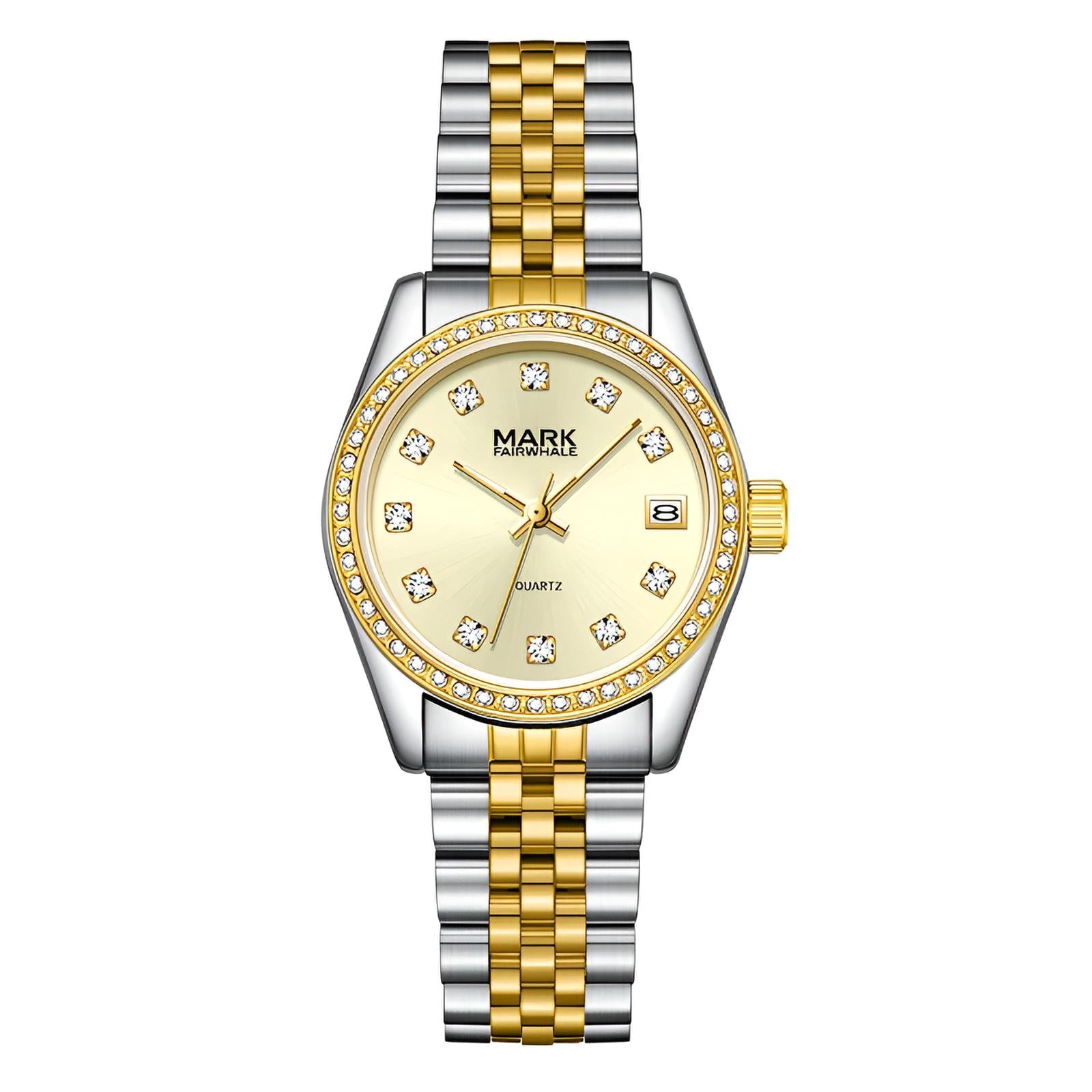 Mark Fairwhale VELIA gold dial women’s watch – luxury stainless steel bracelet close-up