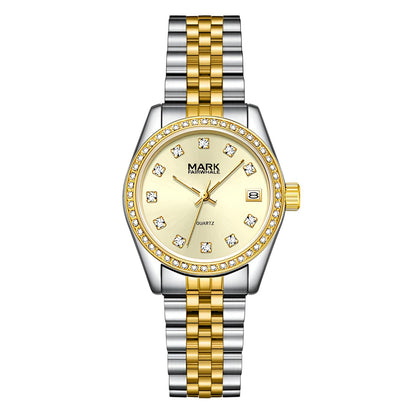 Mark Fairwhale VELIA gold dial women’s watch – luxury stainless steel bracelet close-up