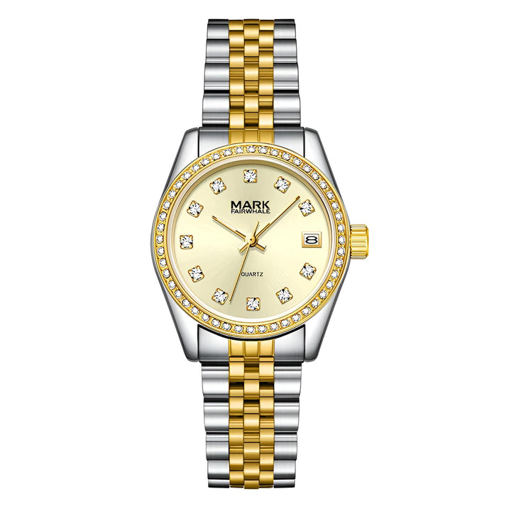 Mark Fairwhale VELIA gold dial women’s watch – luxury stainless steel bracelet close-up