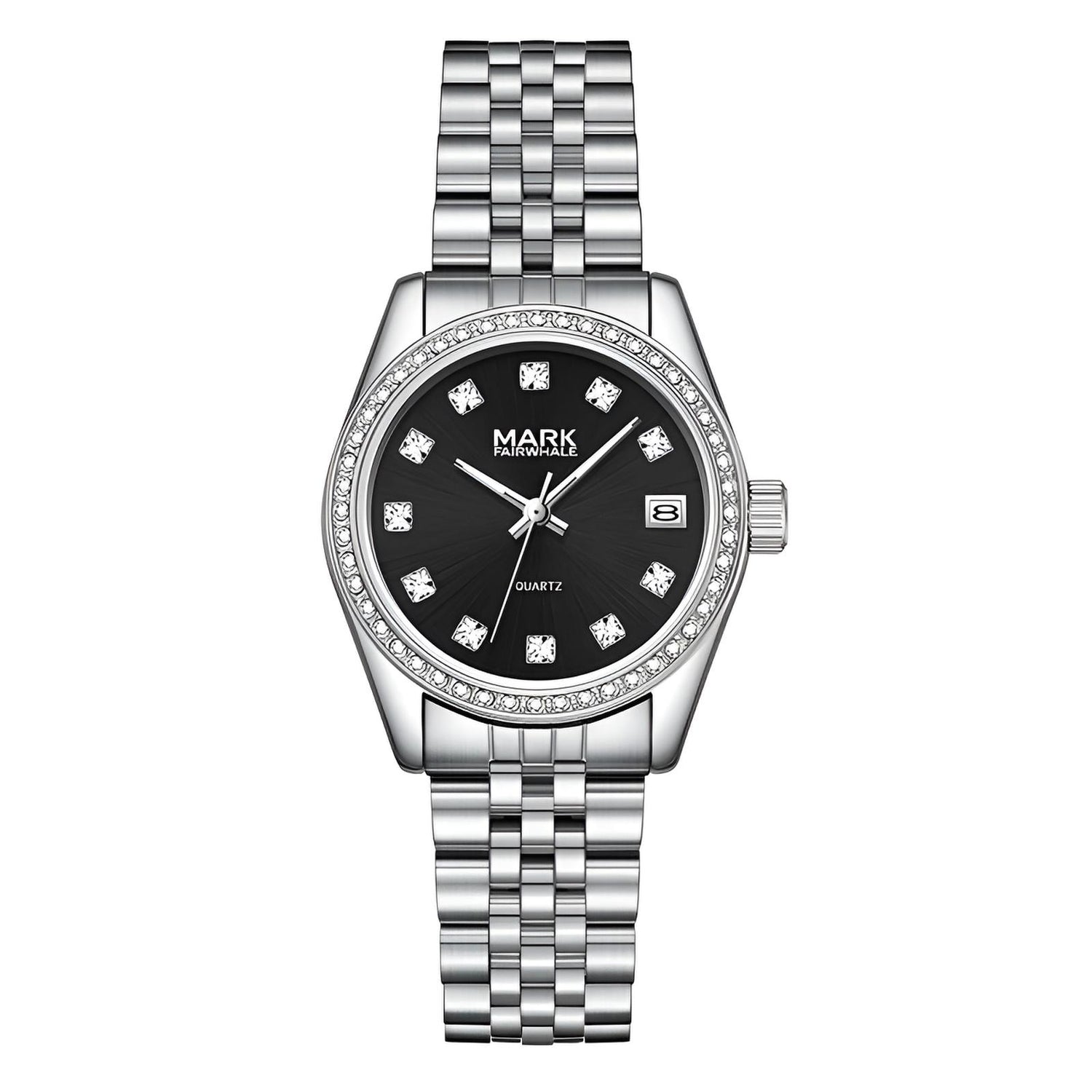 Mark Fairwhale VELIA silver-black women’s quartz watch with diamond markers and stainless steel strap
