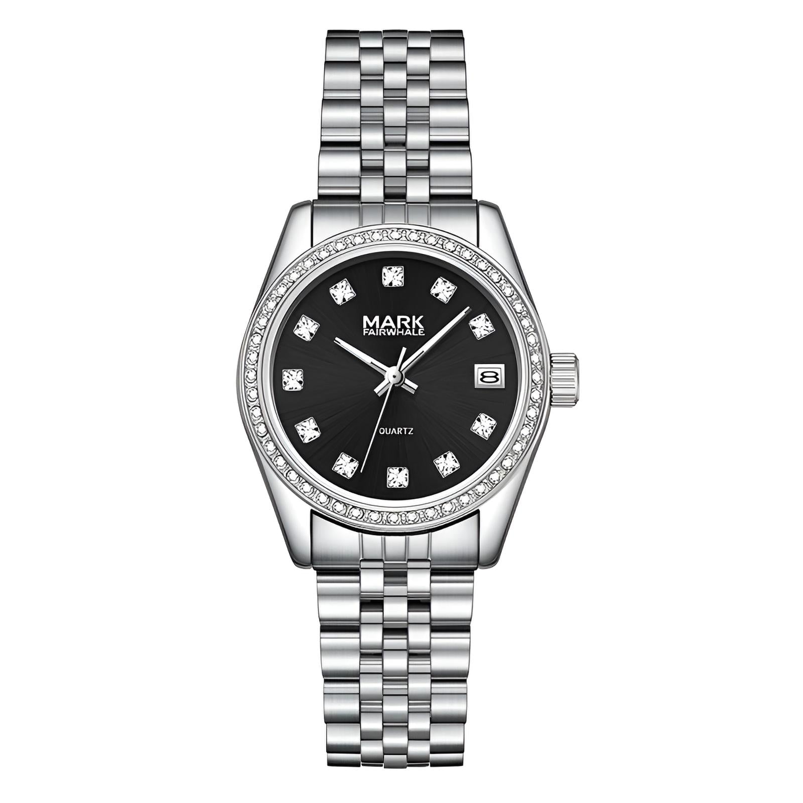 Mark Fairwhale VELIA silver-black women’s quartz watch with diamond markers and stainless steel strap

