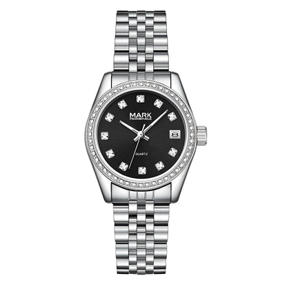 Mark Fairwhale VELIA silver-black women’s quartz watch with diamond markers and stainless steel strap
