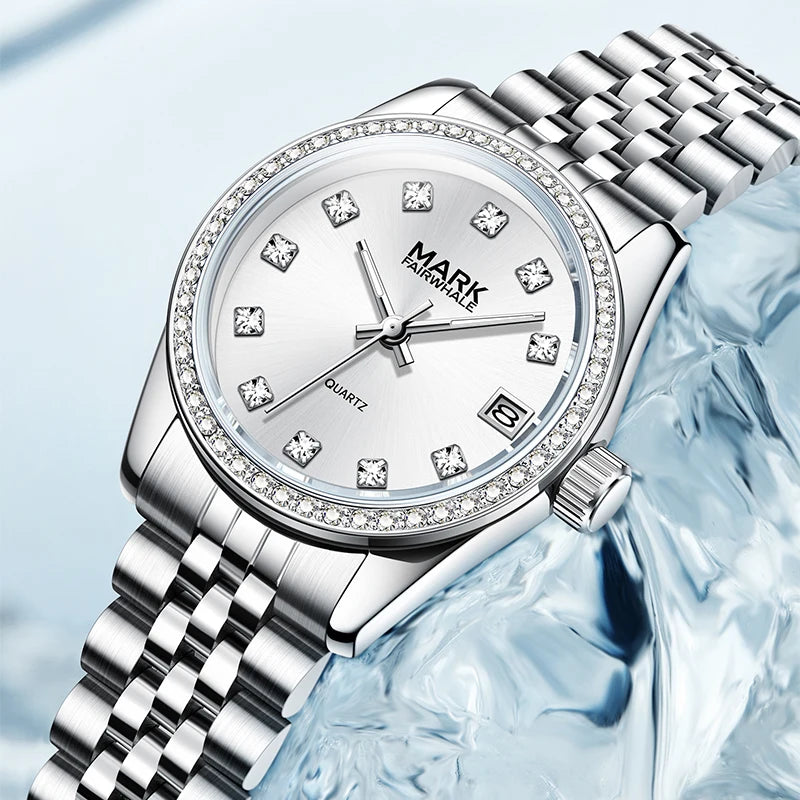 Mark Fairwhale VELIA silver women’s quartz watch with diamond markers and stainless steel strap
