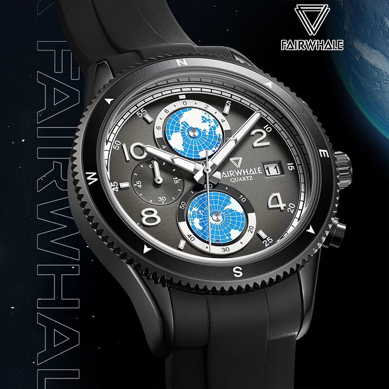 Mark Fairwhale VELTORIX 5730 quartz chronograph waterproof men’s watch with black silicone strap and globe-inspired dial