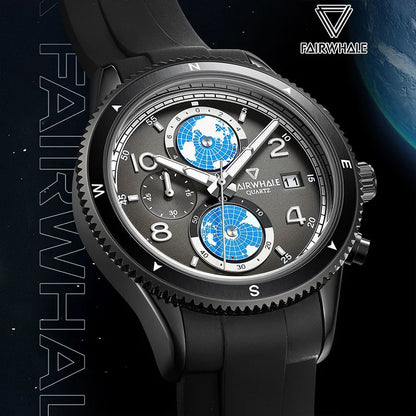 Mark Fairwhale VELTORIX 5730 quartz chronograph waterproof men’s watch with black silicone strap and globe-inspired dial