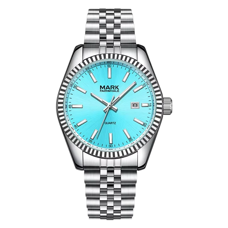 Mark Fairwhale VELUXOR men’s luxury quartz watch with stainless-steel bracelet and ice-blue dial