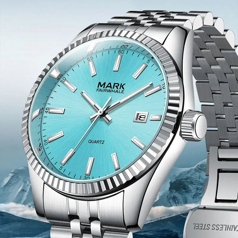 Mark Fairwhale VELUXOR men’s luxury quartz watch with stainless-steel bracelet and ice-blue dial