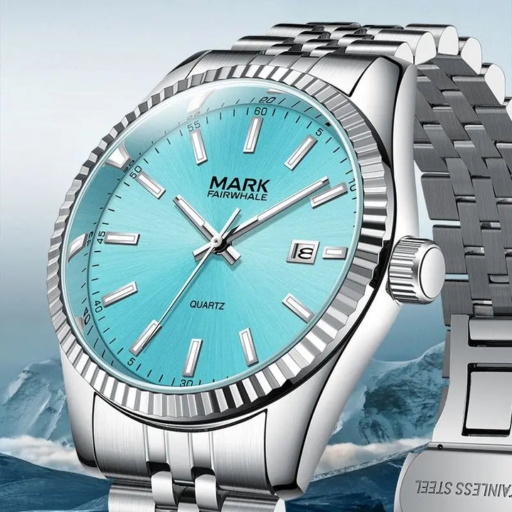 Mark Fairwhale VELUXOR men’s luxury quartz watch with stainless-steel bracelet and ice-blue dial