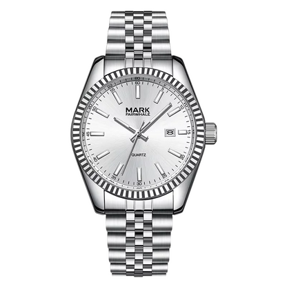 Mark Fairwhale VELUXOR men’s quartz watch with stainless-steel bracelet and minimalist silver dial