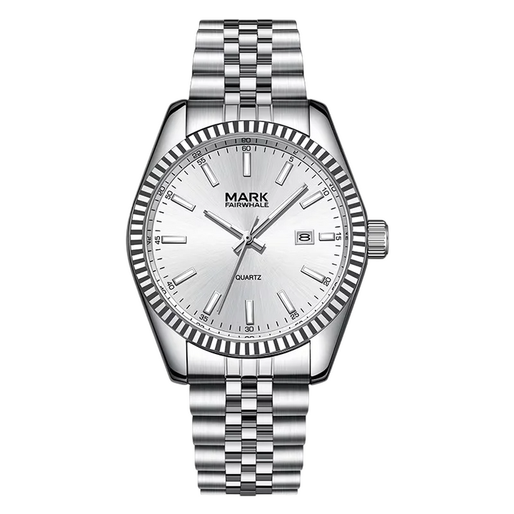 Mark Fairwhale VELUXOR men’s quartz watch with stainless-steel bracelet and minimalist silver dial