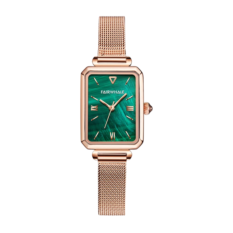 Mark Fairwhale VERDIA rectangular green dial quartz watch for women with mesh strap