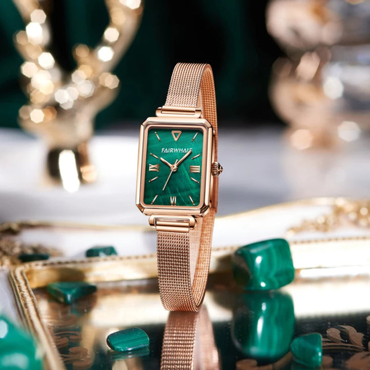 Mark Fairwhale VERDIA women’s quartz watch with green dial and rose gold mesh bracelet