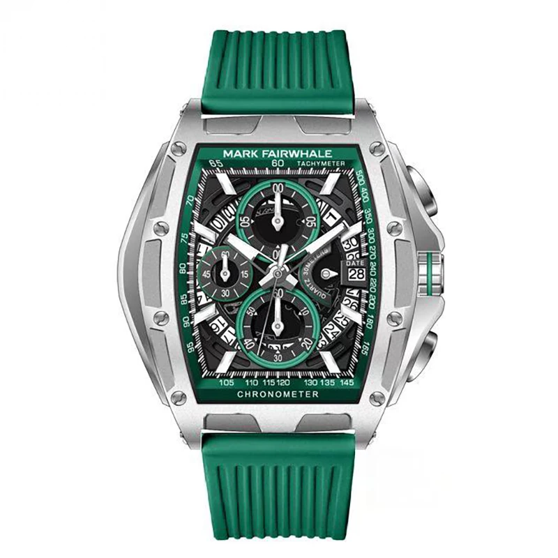 Mark Fairwhale VERDIX 5080 men’s green tonneau chronograph watch with rubber strap.