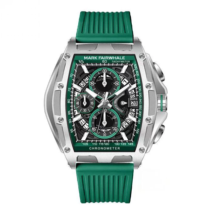 Mark Fairwhale VERDIX 5080 men’s green tonneau chronograph watch with rubber strap.