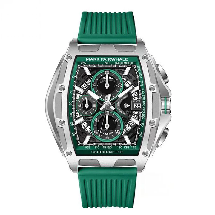 Mark Fairwhale VERDIX 5080 men’s green tonneau chronograph watch with rubber strap.