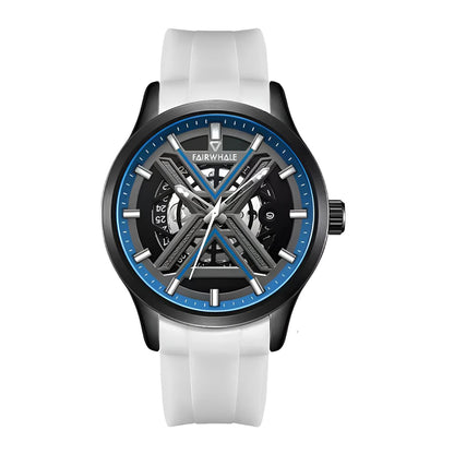 Mark Fairwhale VOLANTIS Ash Alloy black white automatic watch, skeleton dial, calendar function, silicone strap, 43mm round case, luminous hands