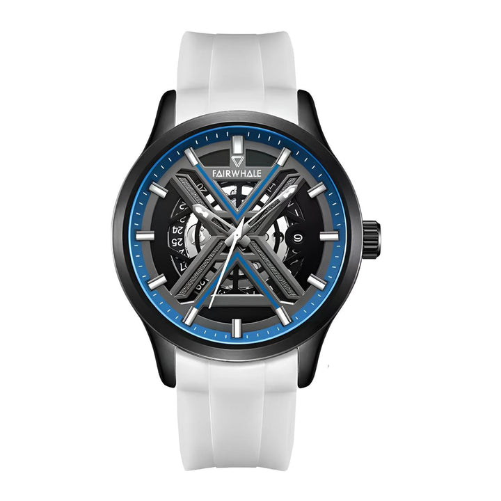 Mark Fairwhale VOLANTIS Ash Alloy black white automatic watch, skeleton dial, calendar function, silicone strap, 43mm round case, luminous hands