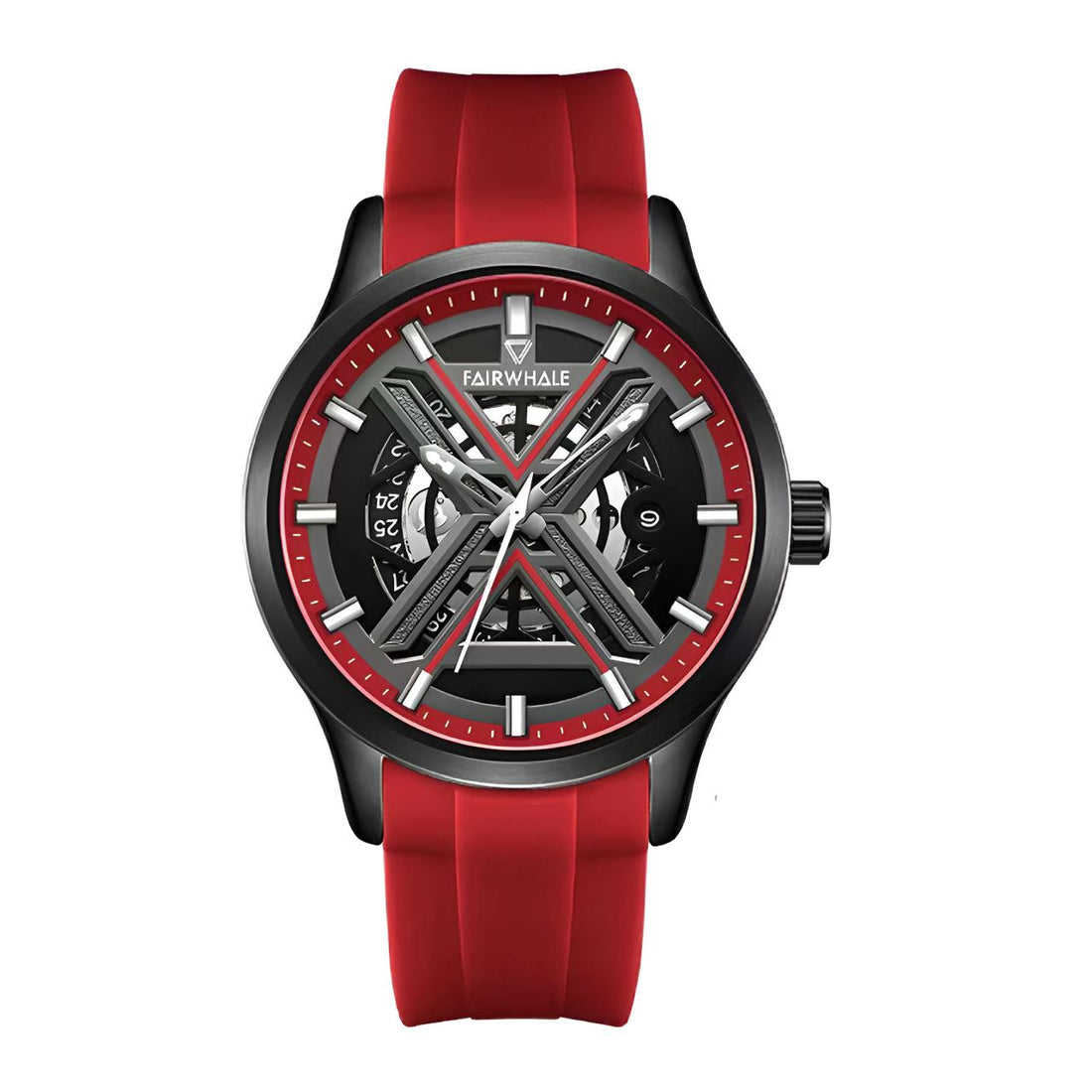Mark Fairwhale VOLANTIS Crimson Pulse black red skeleton watch for men, automatic movement, calendar display, luminous hands