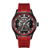 Mark Fairwhale VOLANTIS Crimson Pulse black red skeleton watch for men, automatic movement, calendar display, luminous hands