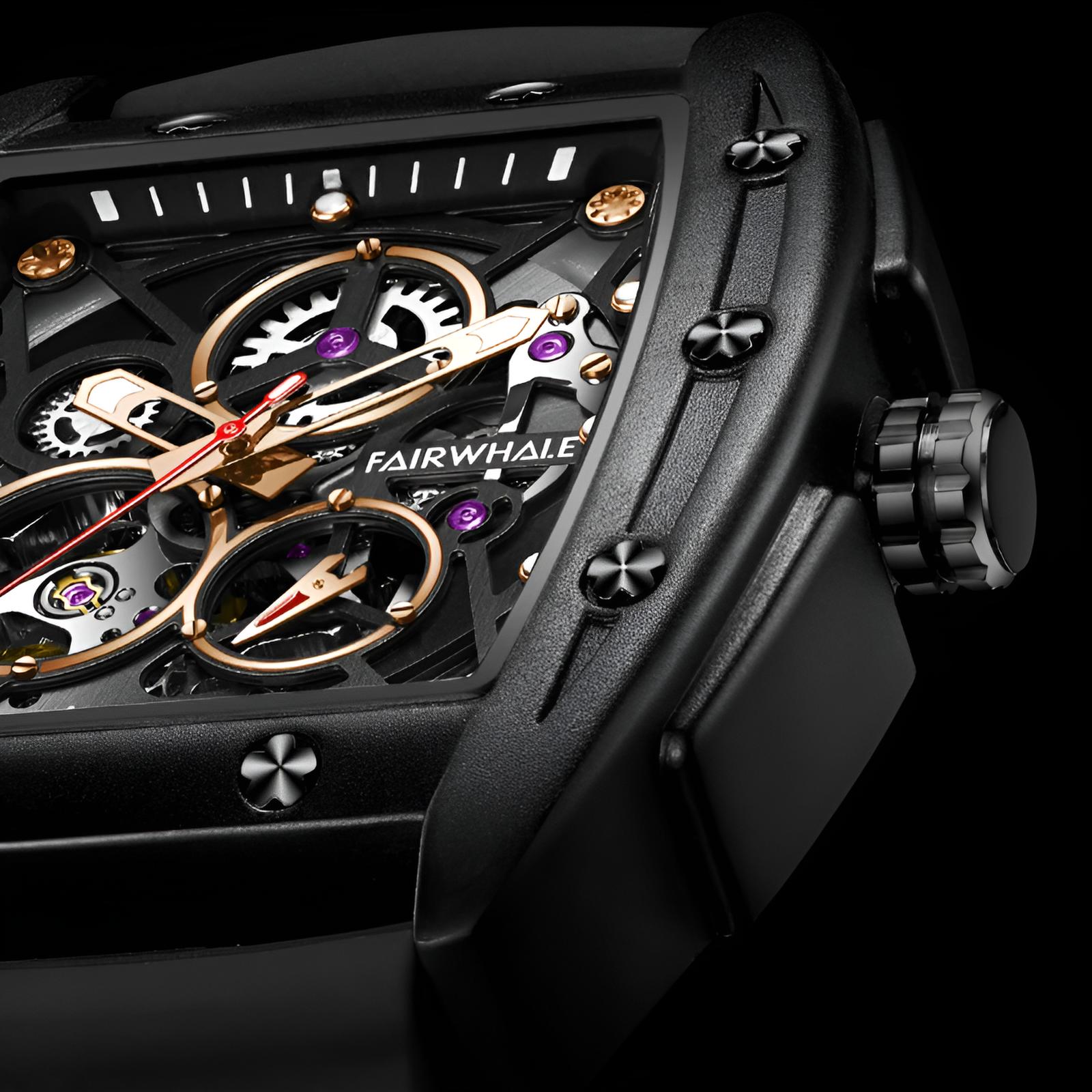 Mark Fairwhale VORTAC Obsidian Core – Obsidian Core accent skeleton tourbillon automatic watch for men with tonneau case and rubber strap