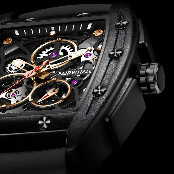 Mark Fairwhale VORTAC Obsidian Core – Obsidian Core accent skeleton tourbillon automatic watch for men with tonneau case and rubber strap