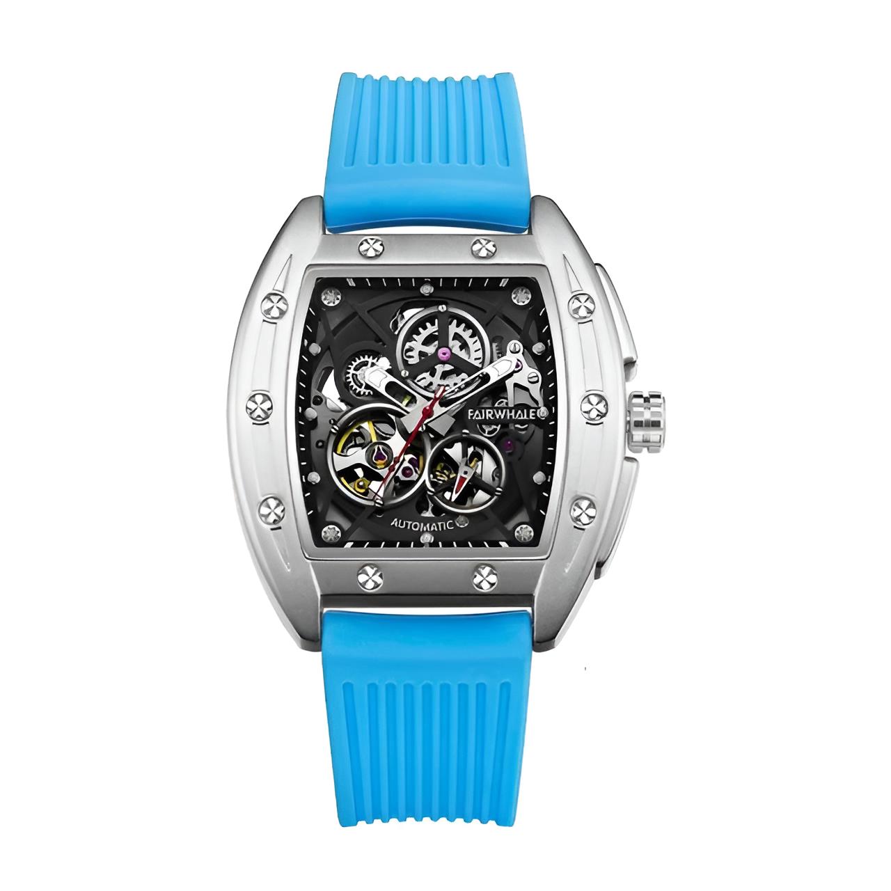 Mark Fairwhale VORTAC Deep Surge – Blue detail skeleton automatic watch for men, tonneau-shaped case with luminous display