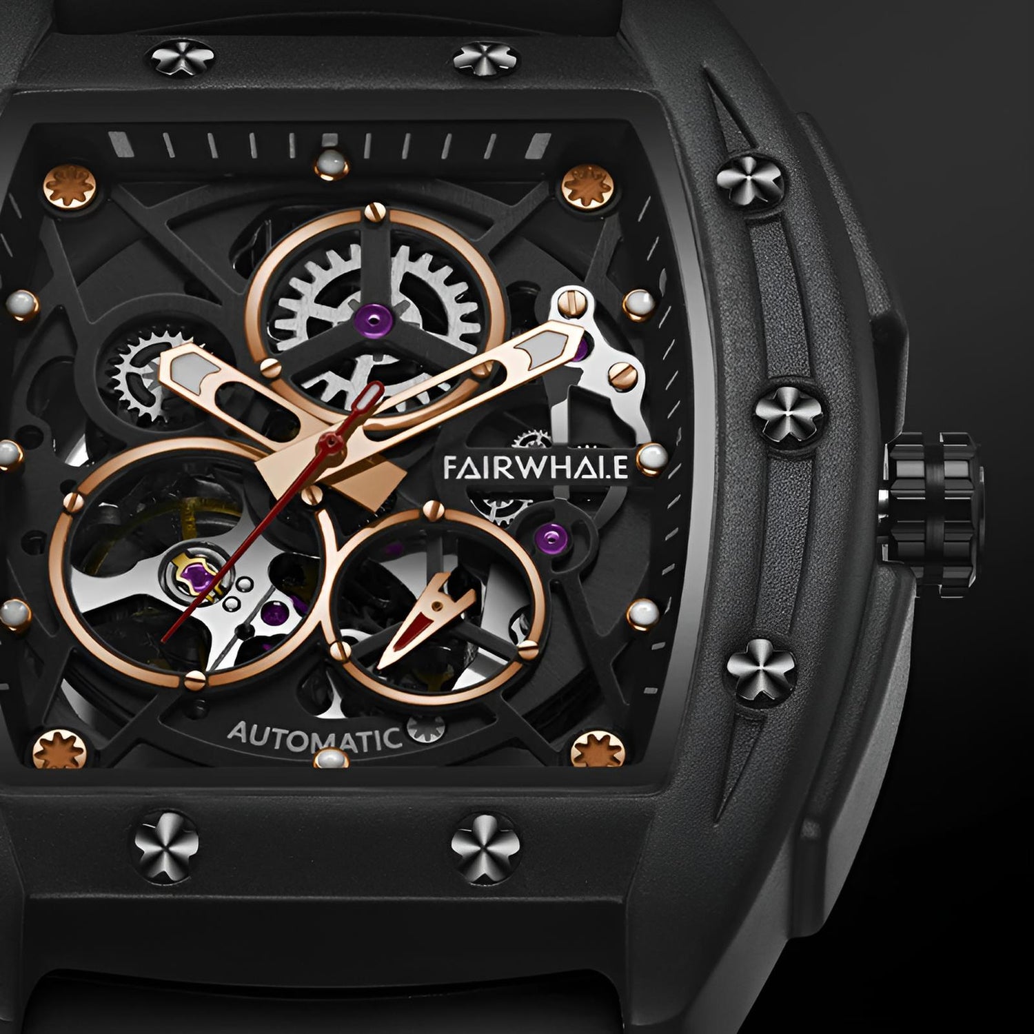 Mark Fairwhale VORTAC Obsidian Core – Obsidian Core accent skeleton tourbillon automatic watch for men with tonneau case and rubber strap