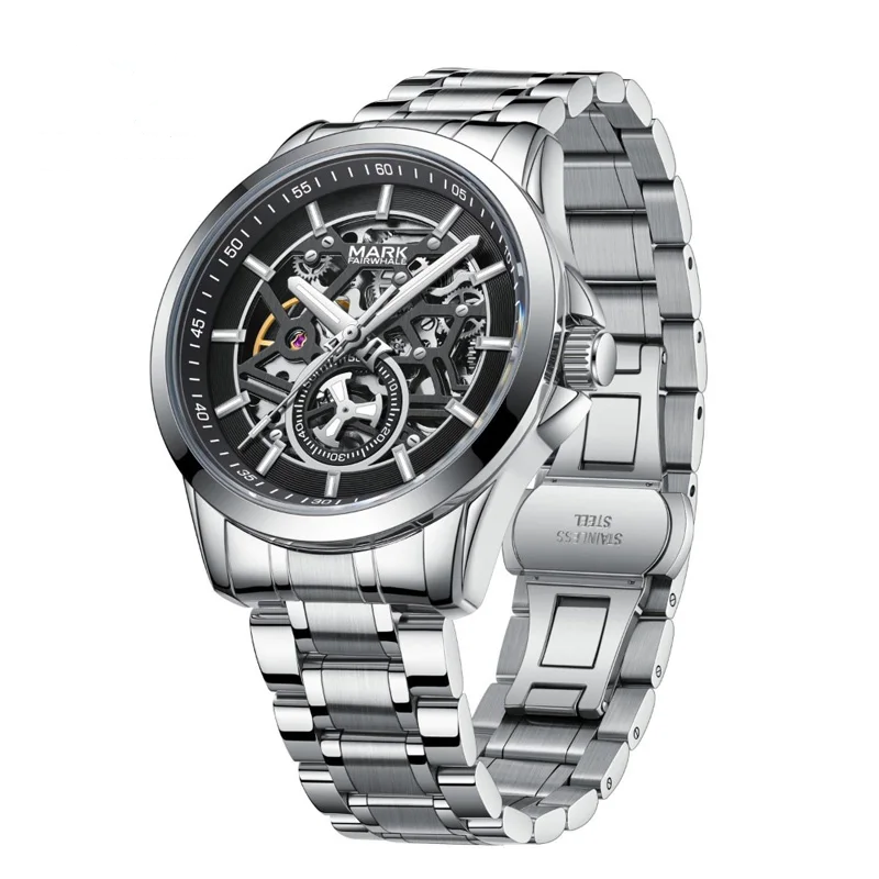 Mark Fairwhale VORTEXA FW-6011 men’s skeleton automatic watch with stainless steel strap, luxury tourbillon-style open dial design.