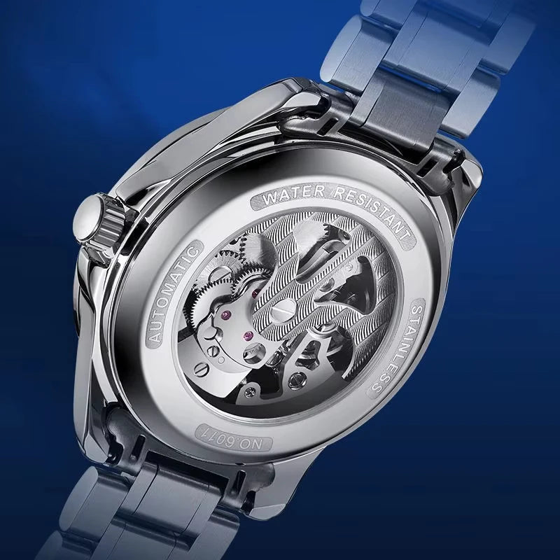 Rear view of Mark Fairwhale VORTEXA FW-6011 skeleton automatic watch showing stainless steel rotor and visible inner movement.