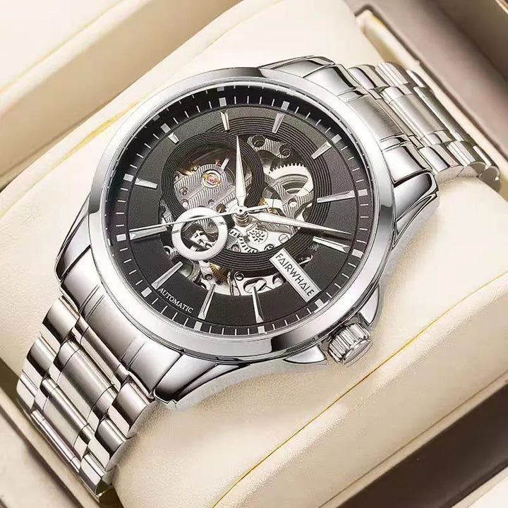 Mark Fairwhale VARTEXI Apex Steel – Silver-tone automatic skeleton tourbillon watch for men with luminous dial and stainless steel bracelet
