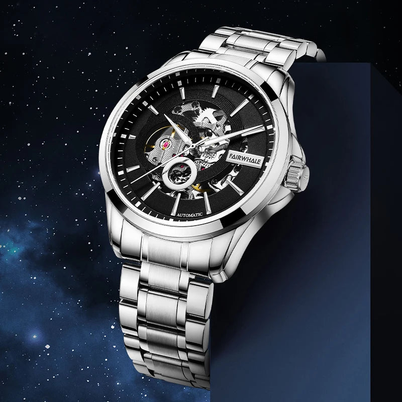 Mark Fairwhale VARTEXI Apex Steel – Silver-tone automatic skeleton tourbillon watch for men with luminous dial and stainless steel bracelet