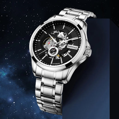 Mark Fairwhale VARTEXI Apex Steel – Silver-tone automatic skeleton tourbillon watch for men with luminous dial and stainless steel bracelet