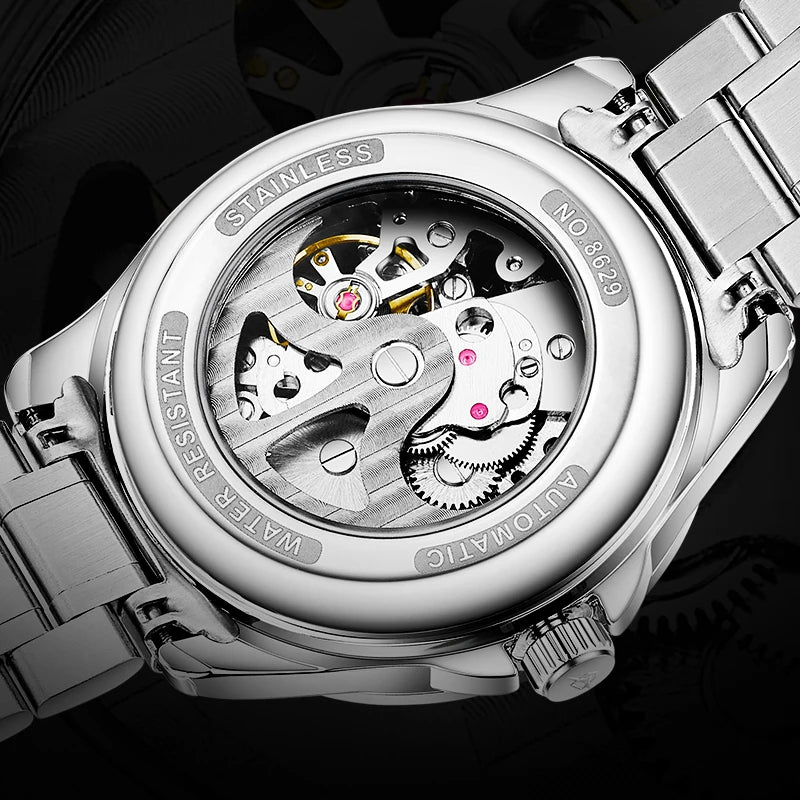 Mark Fairwhale VARTEXI Apex Steel – Silver-tone automatic skeleton tourbillon watch for men with luminous dial and stainless steel bracelet