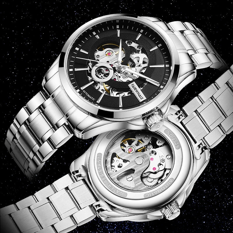 Mark Fairwhale VARTEXI Apex Steel – Silver-tone automatic skeleton tourbillon watch for men with luminous dial and stainless steel bracelet