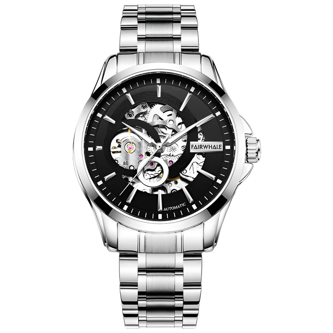 Mark Fairwhale VARTEXI Apex Steel – Silver-tone automatic skeleton tourbillon watch for men with luminous dial and stainless steel bracelet