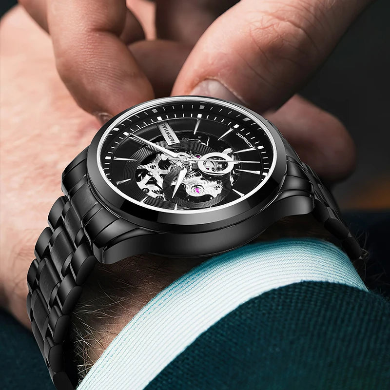 Mark Fairwhale VARTEXI Void Drive – Black PVD automatic tourbillon watch for men with dark skeleton dial and stealth stainless steel design