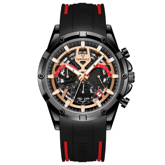 Mark Fairwhale VORTEX chronograph in black and gold with luminous details and silicone strap.