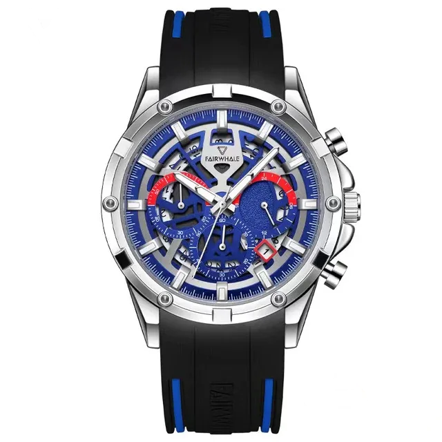 Mark Fairwhale VORTEX men’s sports chronograph with blue-accent dial and black silicone strap.