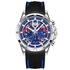 Mark Fairwhale VORTEX men’s sports chronograph with blue-accent dial and black silicone strap.