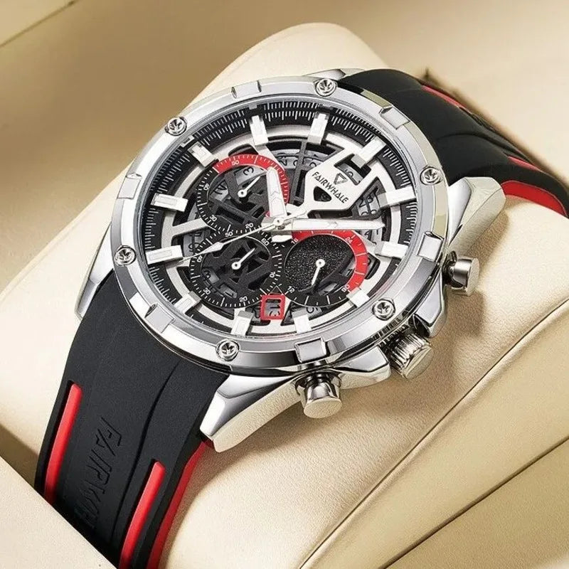 Mark Fairwhale VORTEX watch with silver stainless steel case, red accents, and black silicone strap.