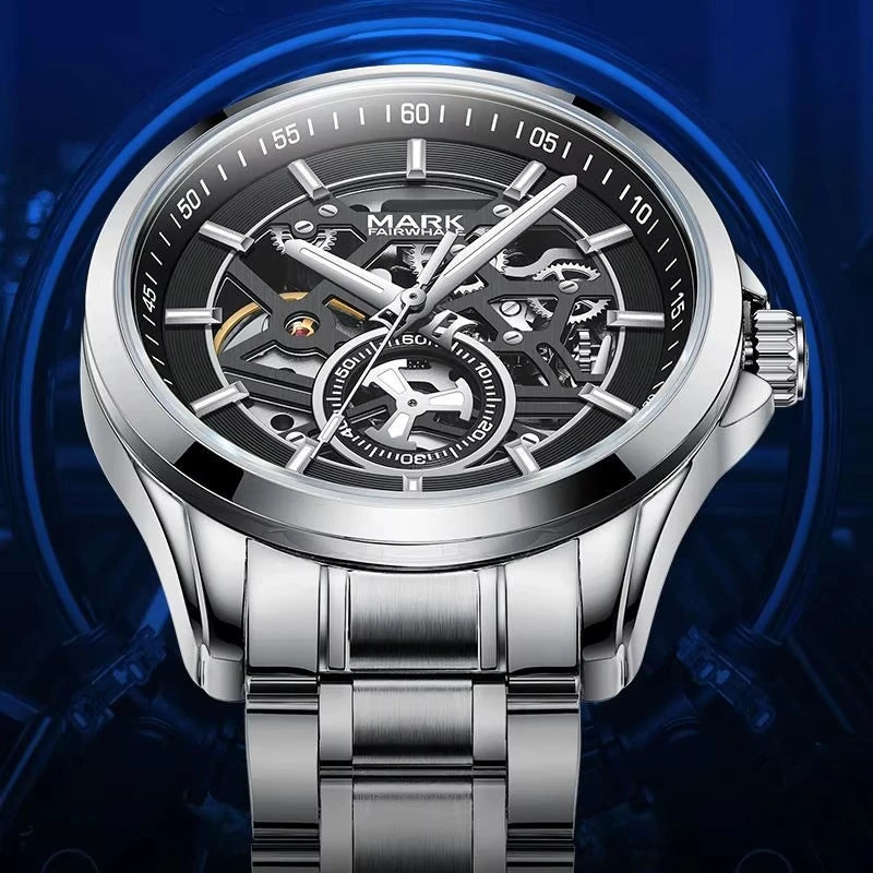 Close-up of Mark Fairwhale VORTEXA FW-6011 luxury skeleton automatic watch with polished stainless steel case and luminous hands.